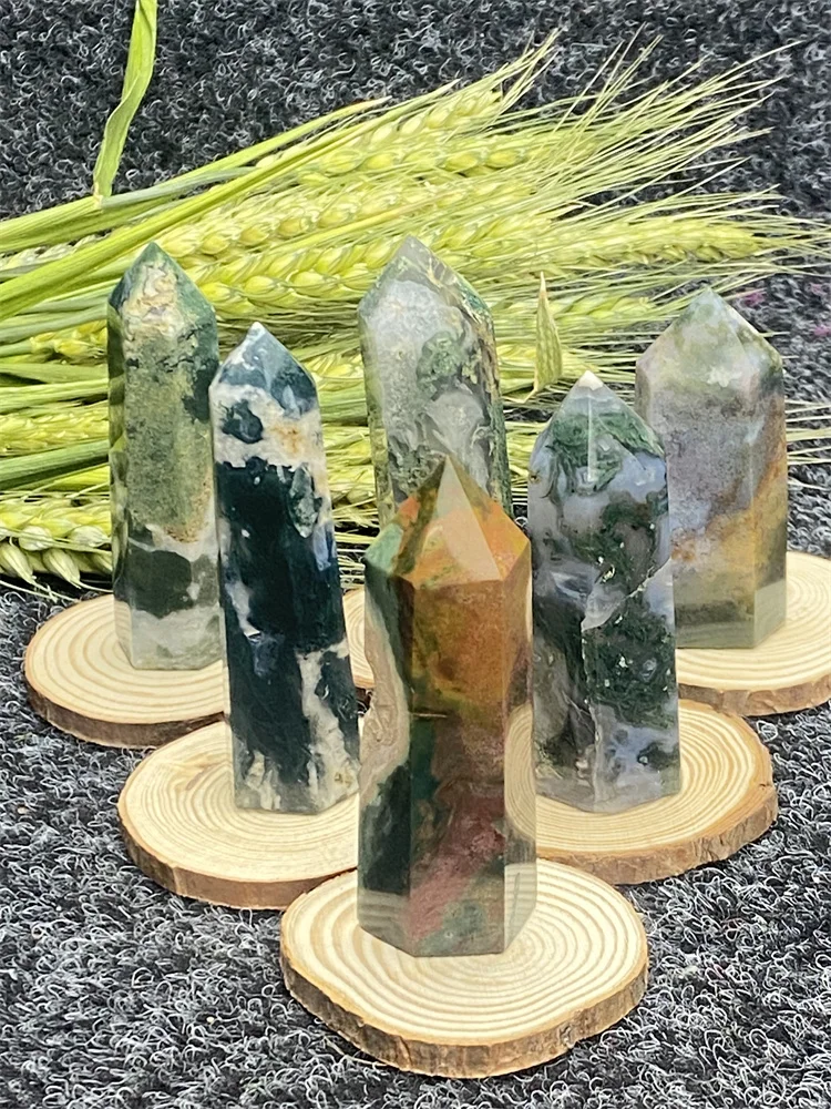 100% Natural Mineral Water Plants Agate Hexagonal Obelisk Healing Reiki Wand Holiday Gifts Office Fittings Home Decoration Witch