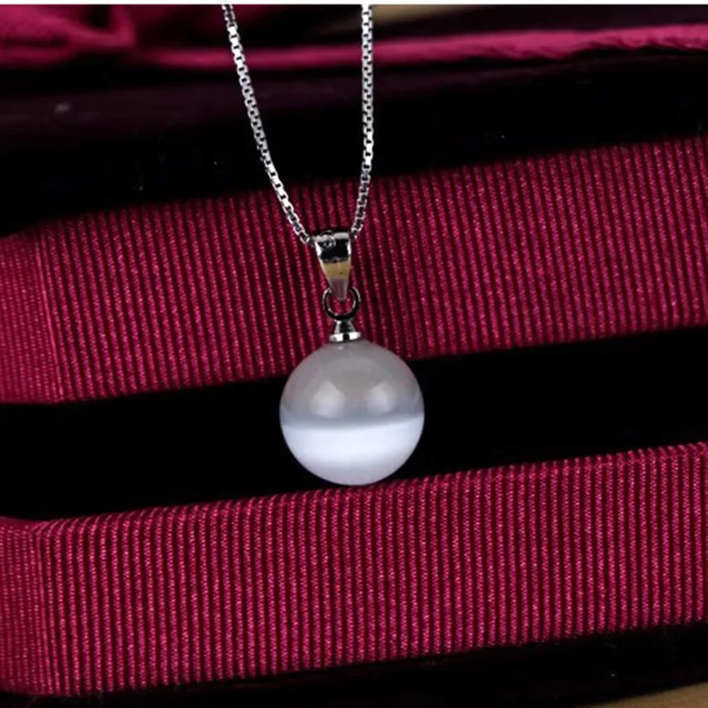 A Cat 's-eye Ball Necklace Brilliant Vintage Chime 10MM Opal Pendant Silver Color Long Chain Necklace for Mother Jewelry