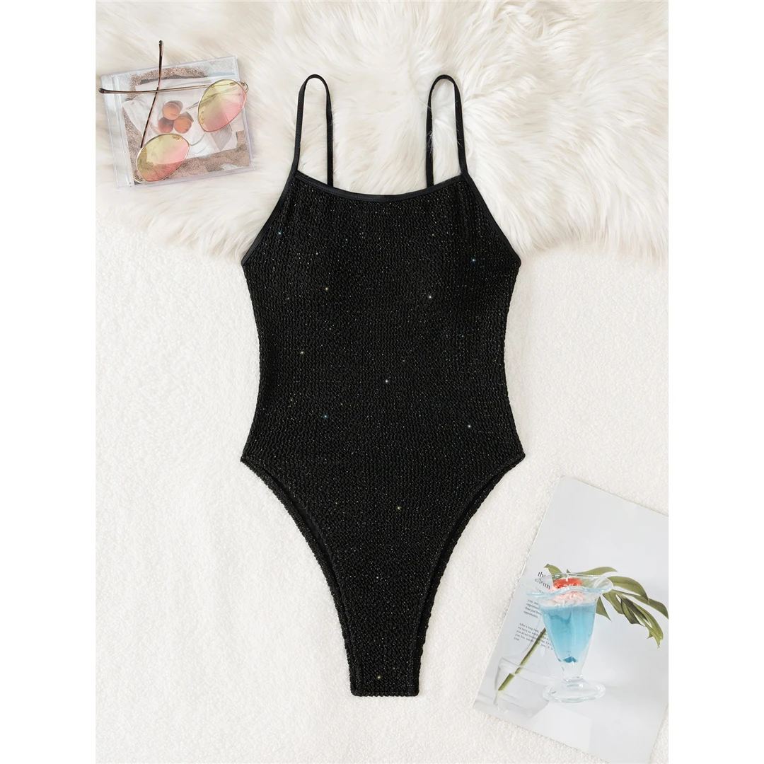 Neuer, geraffter, glitzernder, funkelnder Einteiler-Badeanzug für Damen, Badebekleidung, hoch geschnittener, gepolsterter Badeanzug, Badeanzug, Modell V6407 – Detail 10