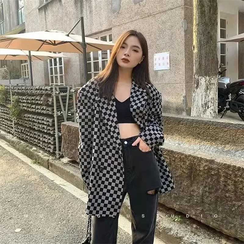 Green Plaid Suit Coat Women's Autumn 2023 New Korean Fashion Jacket Outwear Basic Jackets Winter Coat Female Overcoat