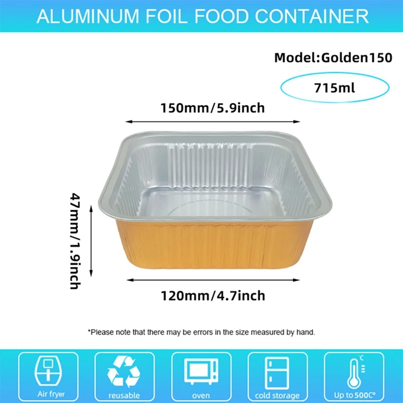 715ml Gold Square Foil Container Heavy Duty Aluminum Tray Heat Resistant BBQ Baking Pan Disposable Food Packaging Box