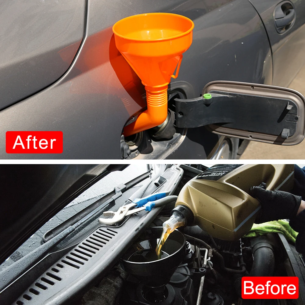 1Pcs Universal Detachable Flexible Car Water Oil Funnel Petrol Diesel W/ Spout & Filter Orange Removable strainer brass