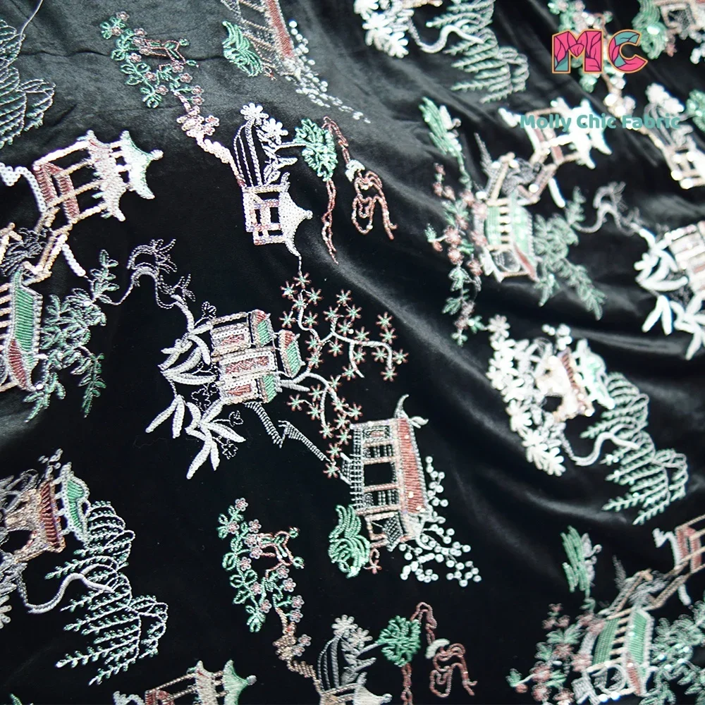 ผ้ากำมะหยี่ปักลายสไตล์จีนระดับไฮเอนด์แบบใหม่ ยืดได้สี่ด้าน สำหรับตัดเย็บเสื้อผ้าเด็ก ผ้ากี่เพ้าจีนแบบใหม่