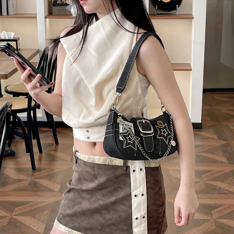 Women Chain Handbag Girls Hobo Bag Button Star Armpit Bag Denims Shoulder Bag