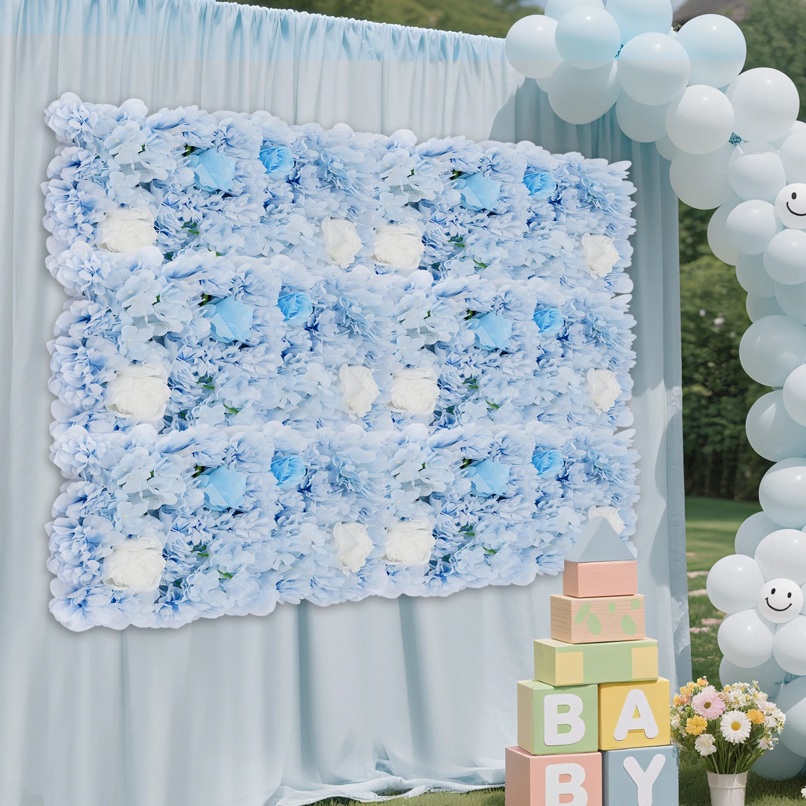 12-PCS Artificial Flower Wall Panel Blue White Silk Faux Dahlia Rose Hydrangea for Wedding Backdrop Party Decor Photo Booth