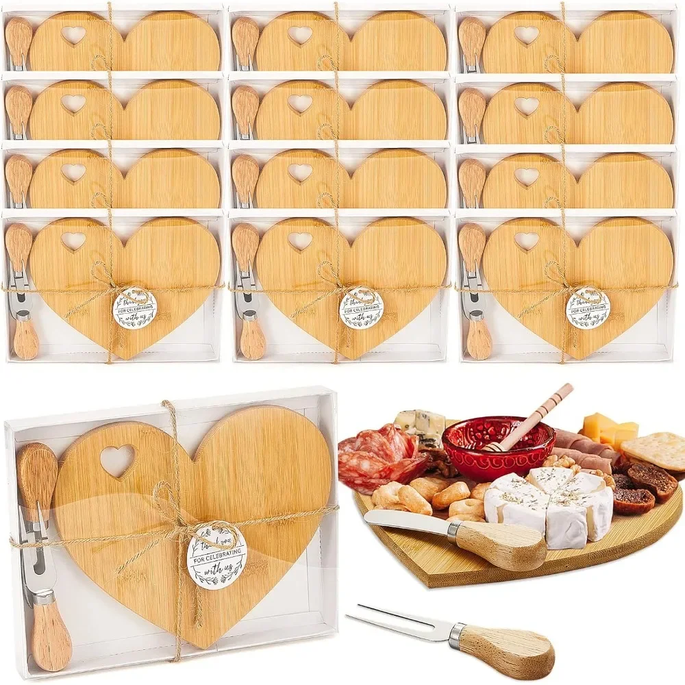 12 Set Bridal Shower Party Favors Wooden Heart Shaped Cheese Board Cheese Knives Set Thank You Tags with White Box Gifts