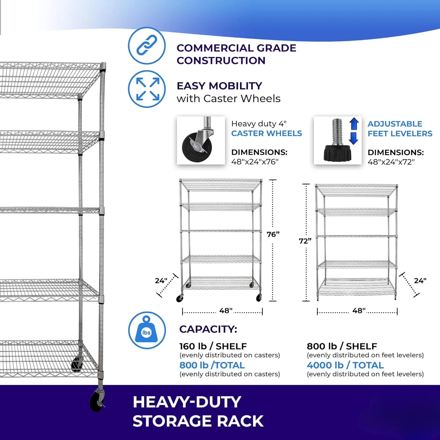 Commercial Metal Shelves for Storage with Wheels for Garage Shelving, Heavy Duty Shelving for Home Storage