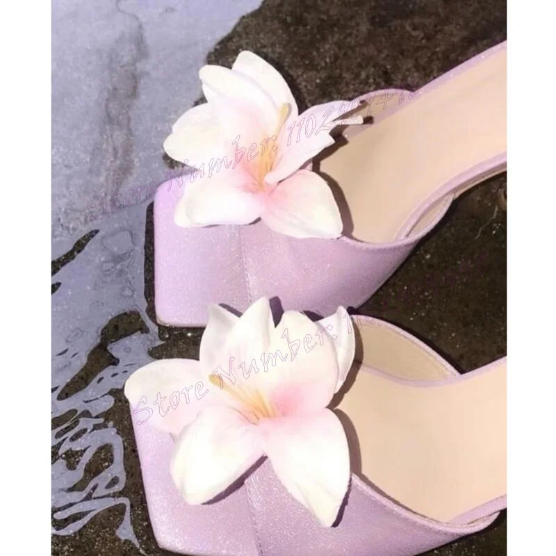 Purple Flower Decor Square Toe Slippers Open Toe Shoes for Women Stilettos High Heels Evening Shoes 2024 Zapatos Para Mujere