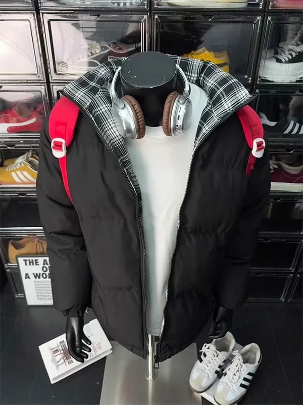 

Bla Thiened Cotton Jaet Men's Winter Warm Plaid Splicing Retro Collar Quilted Coat Stand Fit Long Sve Casual Coat