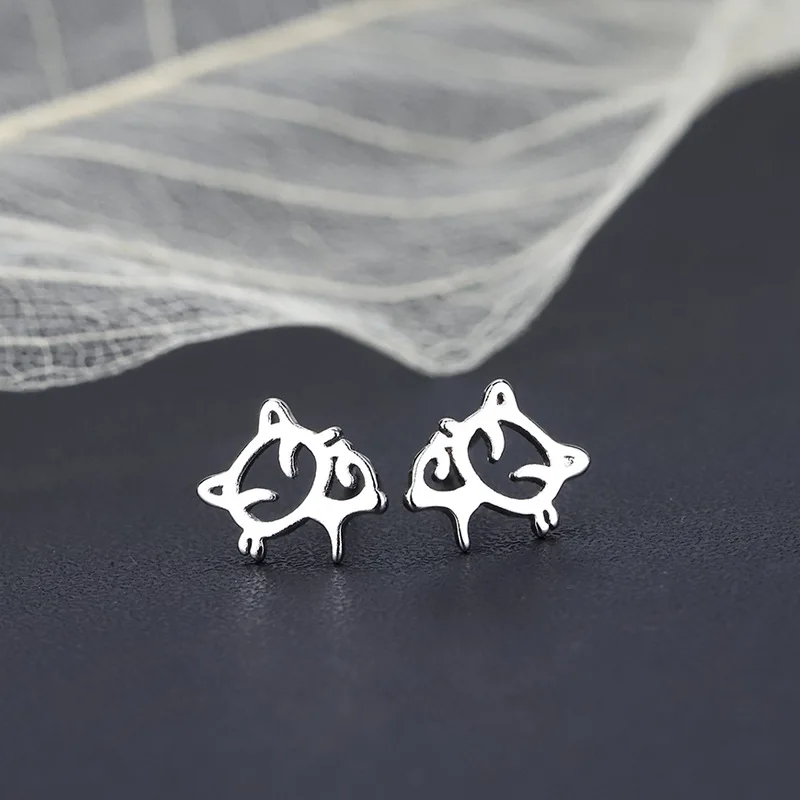 

Stylish S925 Sterling Silver Fox and Cat Stud Earrings for Women, Simple Japanese and Korean Style Earrings