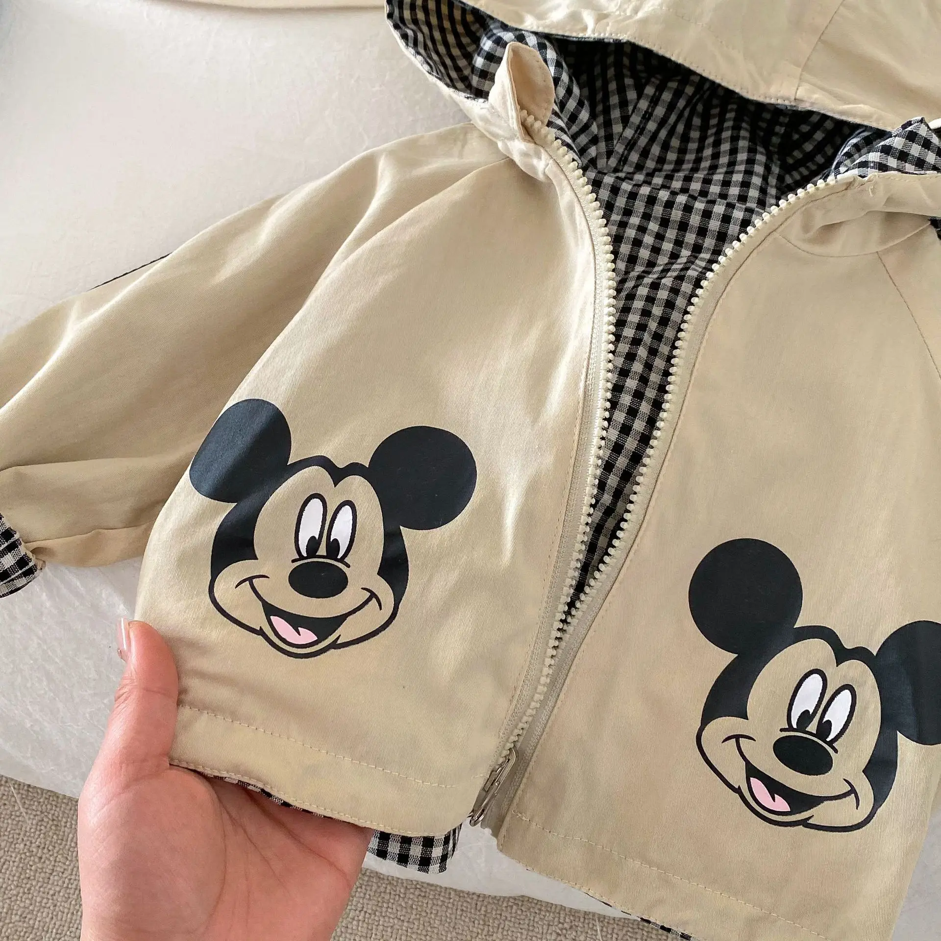 Toddler Kid New Mickey Mouse Double Sided Jacket Spring Autumn Baby Girl Cartoon Hooded Plaid Coat Children Boy Casual Outerwear