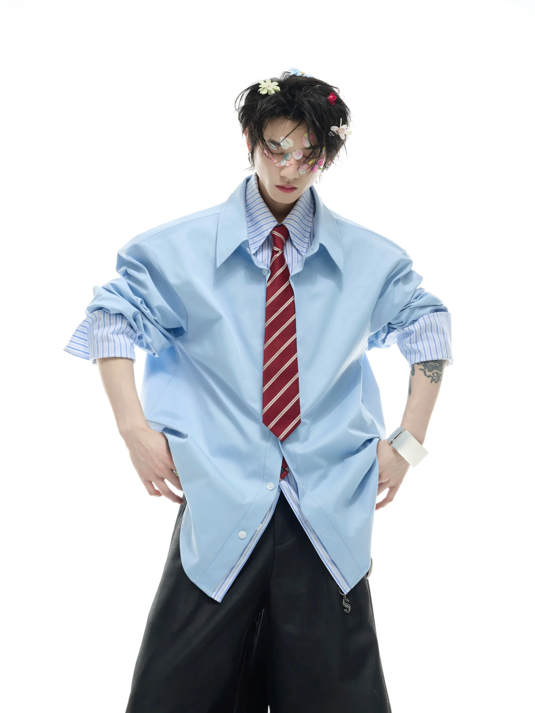 ArguE CulturE Island Love Men's Striped Color Block Shirt Fake Two-Piece Decorative Stitching Breathable Anti-Uv Lightweight