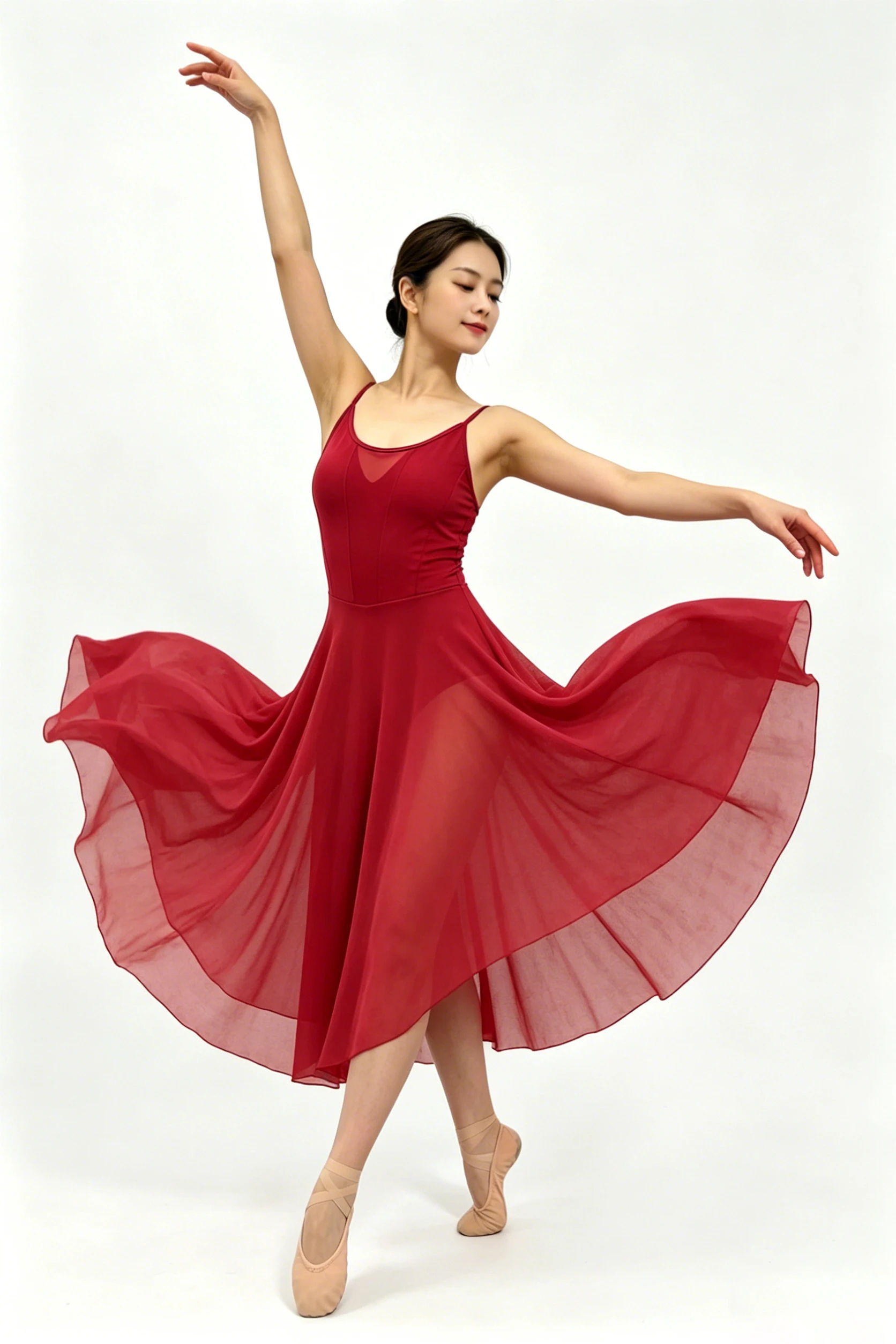 U-Ausschnitt Rückenfreies Damen-Kostüm für Zeitgenössischen Tanz mit Gerüschtem Mesh-Langrock Performance-Kleid