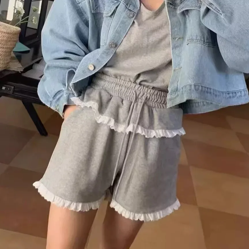 

Summer New Lace Lace Hem Fake Two Piece Knitted Casual Loose Shorts