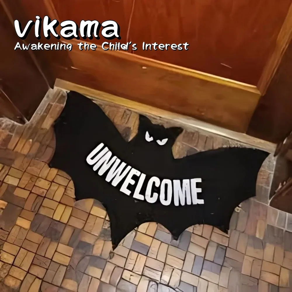 VIKAMA Halloween Black Bat Gothic Doormat غير قابل للانزلاق، قابل للغسل، مقاوم للبقع، مقاوم للغبار، حصيرة تزيين ترحيب،