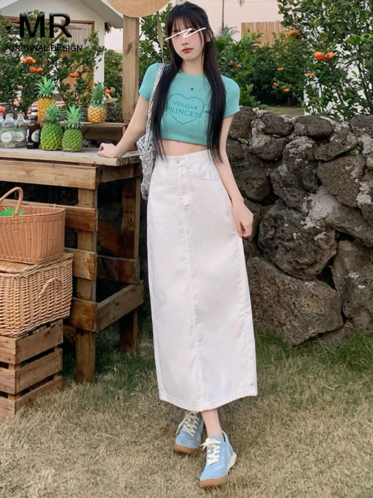 

Юбка миди А-силуэта с высокой талией, женская, с регулируемым разрезом сзади, джинсовая, средней длины, летняя, повседневная, модная, в корейском стиле