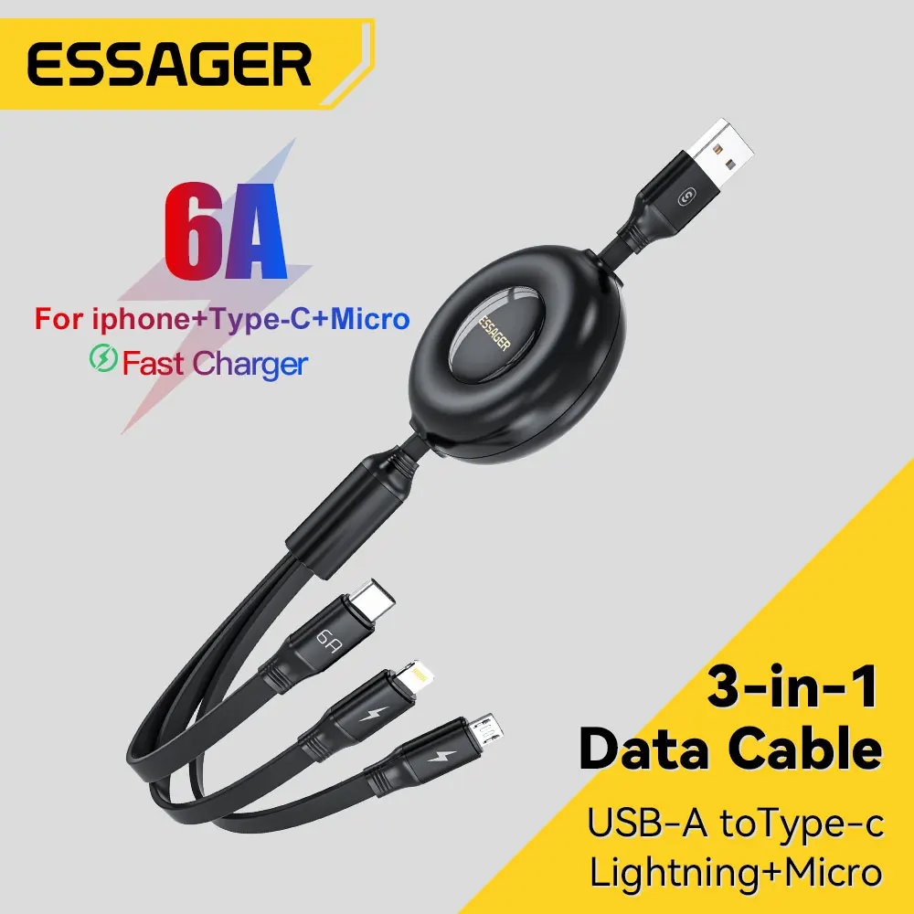 Essager Retractable 66W 3 in 1 USB Charge Cable 6A Fast Charger Type C Cable For iPhone 14 Samsung Xiaomi Huawei Quick Charging