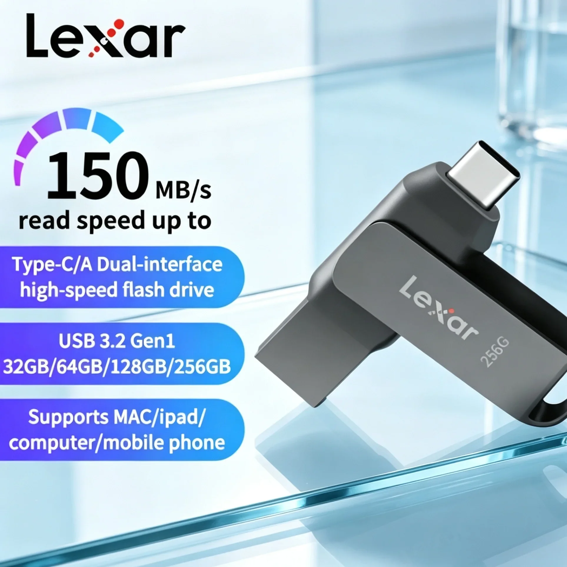 Lexar D400 USB 3.1 Type-C Flash Drive 130MB/s Metal Dual Port OTG USB Stick Phone Laptop iPad Computer PC 32GB 64GB 128GB 256GB