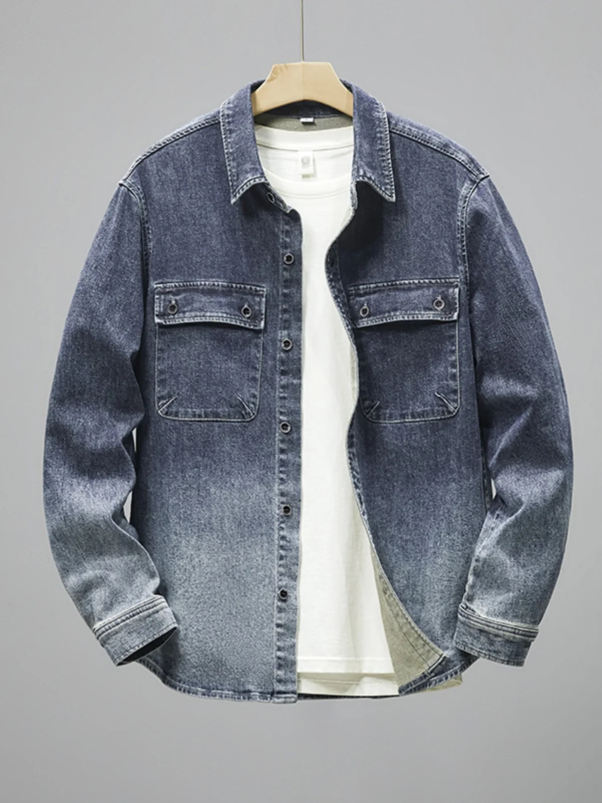 

Retro Workwear Style Men's Denim Shirt Jacket Spring Autumn Loose Fit Large Size Gradient Color Youth Fashion Resistant