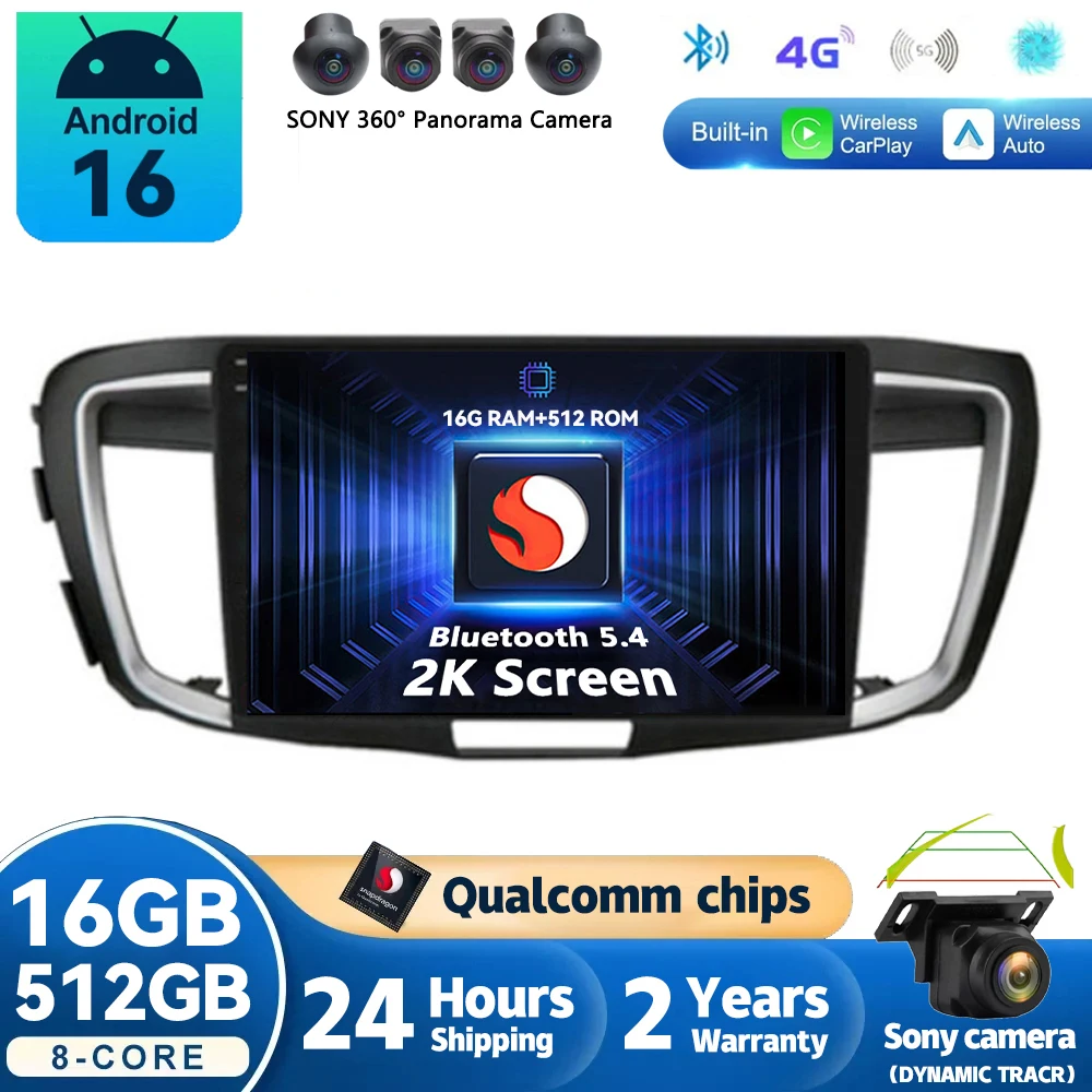 Radio para Auto Android 16 para Honda Accord 9 2013 2014 2015 2016 2017, Navegación GPS, Reproductor Multimedia de Video, Estéreo 2 DIN, WiFi+4G, BT