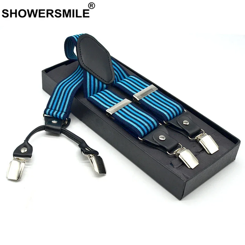 

SHOWERSMILE Navy Blue Stripes Suspenders for Pants Men Elastic Braces 4 Clips Suspender Belt 3.5cm*120cm Wide Suspender Male