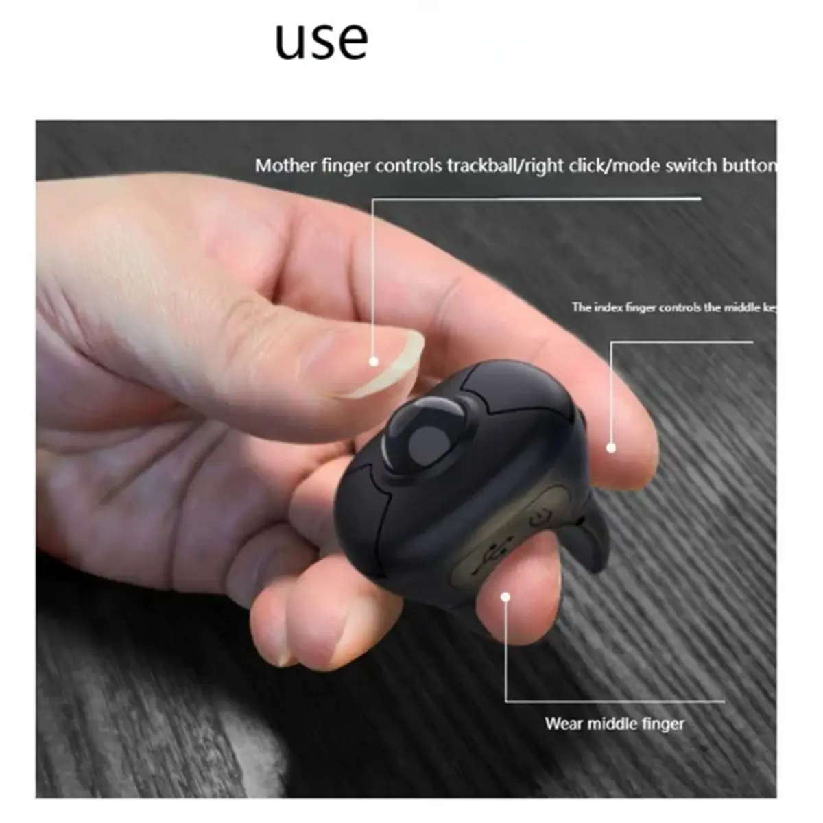 Trackball Finger Ring Mouse 2.4G+Bluetooth Wireless Remote Control Mice for Short Video/PPT /Vehicle Display Screen A