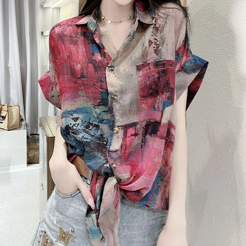 Elegant Vintage Tie Dye Polo-Neck Printed Blouse Summer Women\'s Clothing Korean Casual Short Sleeve Single-breasted Shirt Female