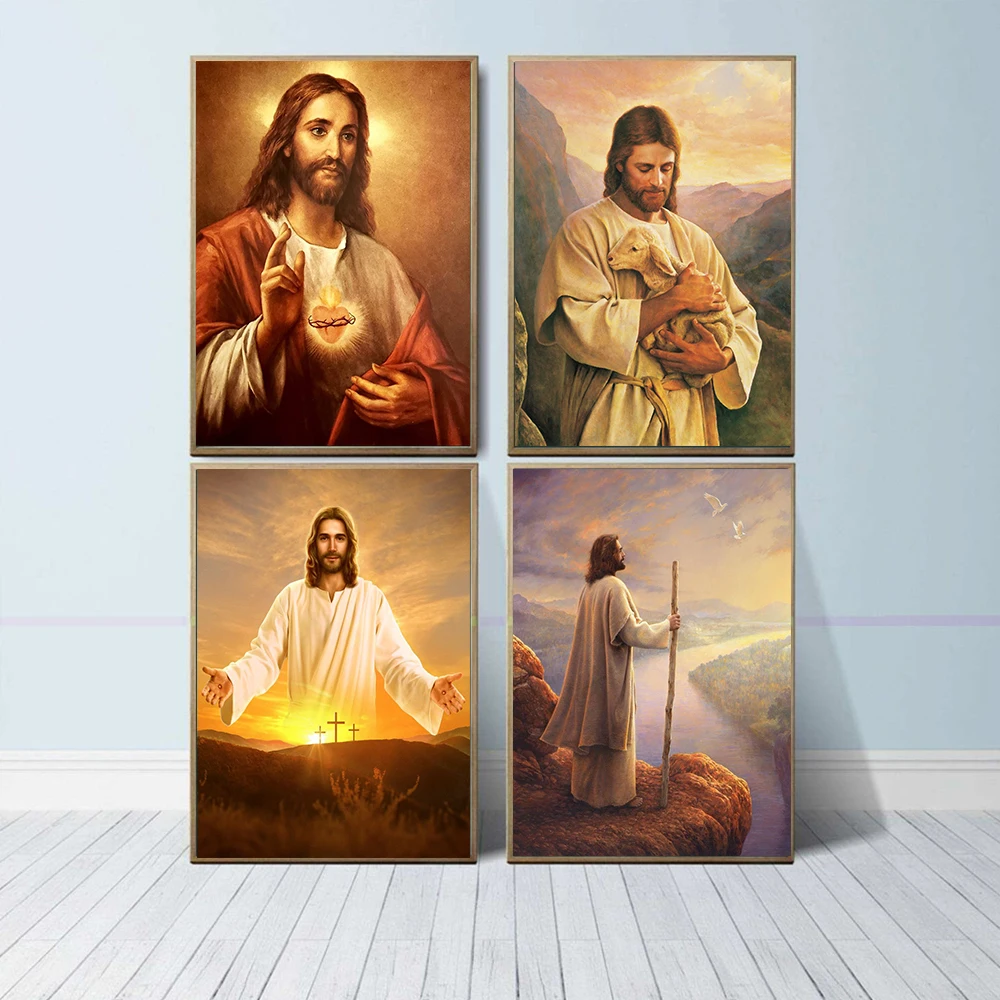 Peinture sur toile 2D, affiche religieuse chrétienne vintage du Sacré-Cœur de Jésus et de la Sainte Famille, impression sur toile, tableau mural de Christ