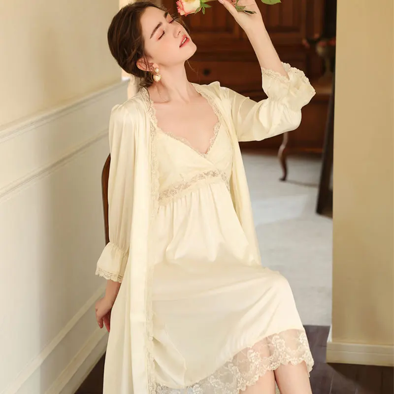 Silk Bathrobe Nightgown French Palace Princess Style Sleepwear New Summer Female Twinset Robe Set Casual Sexy Lace Home Dress