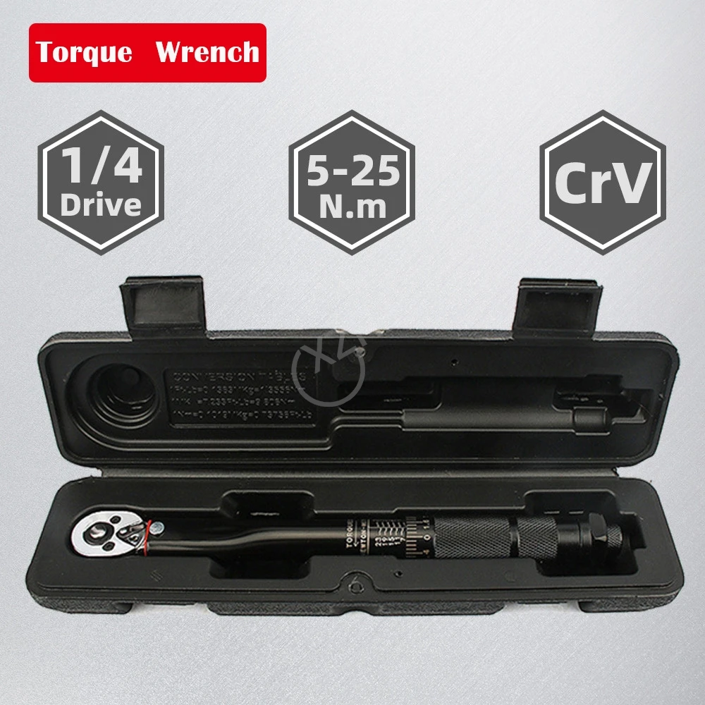 1/4 Torque Wrench 5-25N.m Square Drive Preset Torque Automotive Moment Key Ratchet Spanner Car Bike Mechanical Workshop Tools