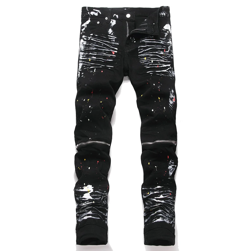 

Men Painted Slim Tapered Jeans Punk Zipper Black Stretch Denim Pants Casual Streetwear Trousers