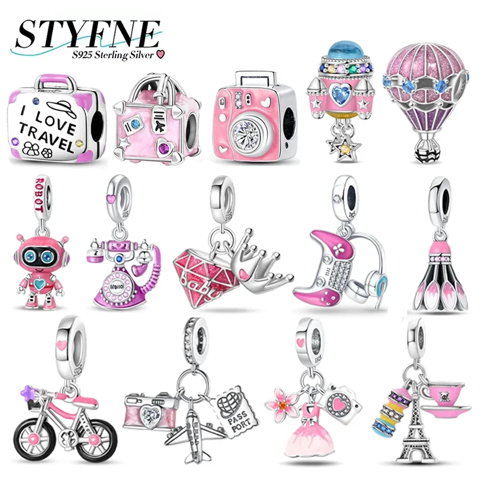 

Charms Silver 925 Pink Series Luggage Camera Hot Air Balloon Game Machine Beaded Pendant Fit Original Bracelet Fine DIY Jewelry