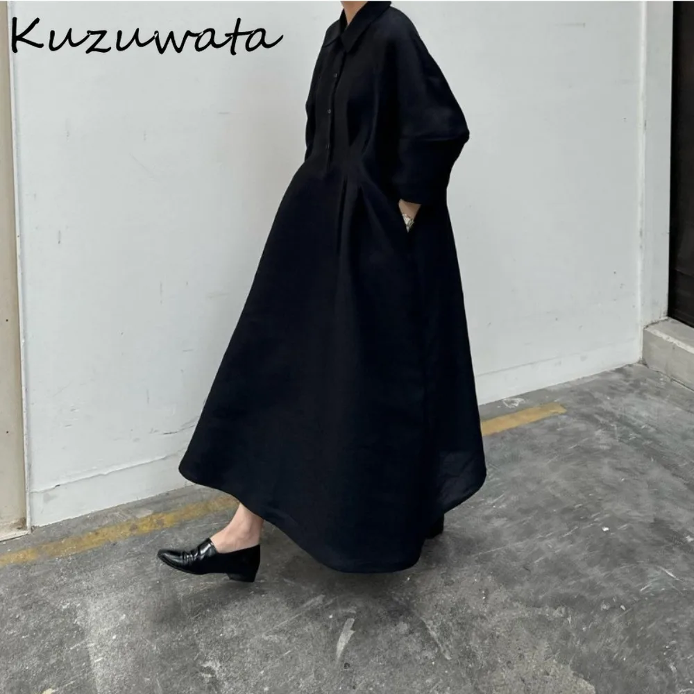 Kuzuwata Casual Turn-down Collar Lantern Sleeve Elegant Mujer Solid Soft Pullover Loose Waist Robe Japan New Moda Slim Fit Dress