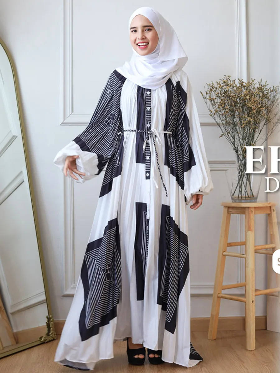 2024 Muslim Sets Dubai Abaya Printed Long Dresses Pleated Loose Casual Robe Femme Islam Clothing Hijab Dress Abayas for Women