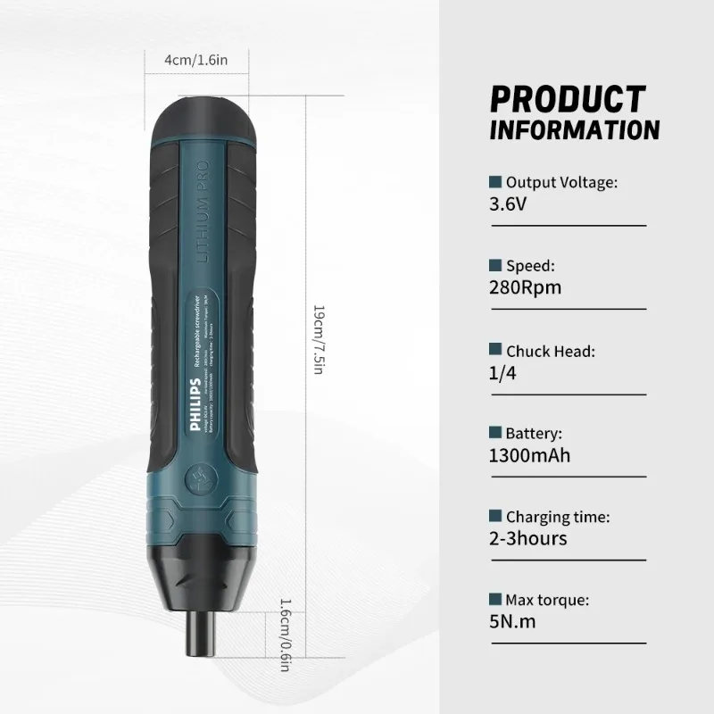 PHILIPS Cordless Rechargeable Screwdriver 280RPM Mini Handheld Power Screwdriver For Home Daily Repair Work