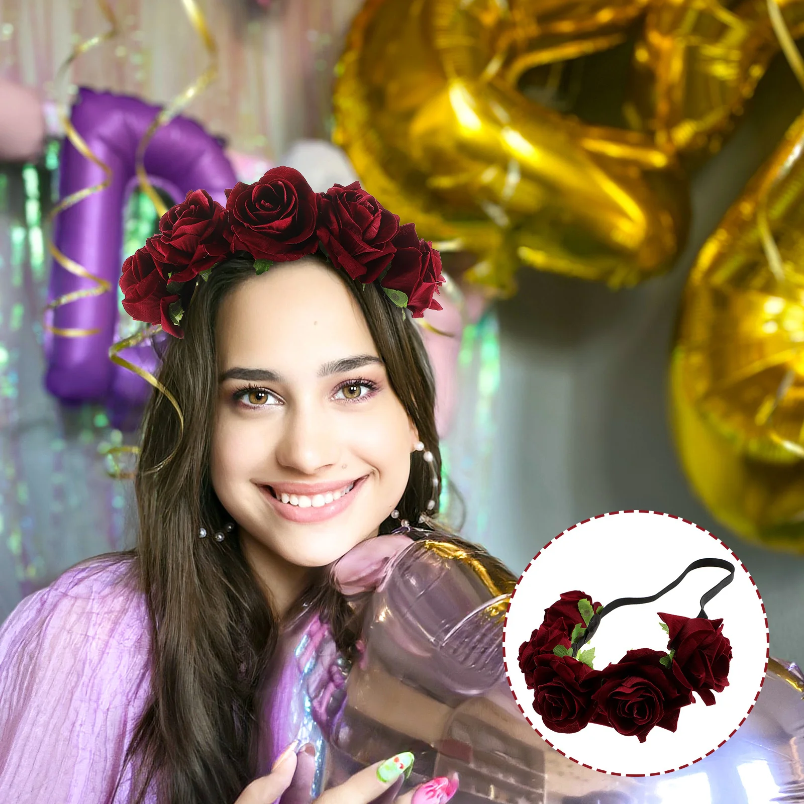 

7Cm Dark Red Rose Floral Headband Wedding Beach Hair Accessory Photo Prop Bridal Flower Girl Crown Elegant Hairwear