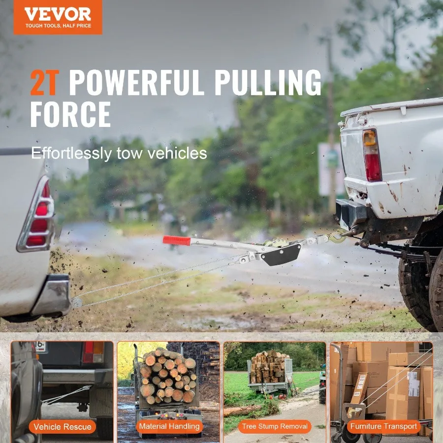 تعال على طول ونش 2 طن 4 409 رطل سعة السحب 12 قدم كابل فولاذي 2 خطاف أداة سحب قوة السقاطة الثقيلة مع ترس مزدوج