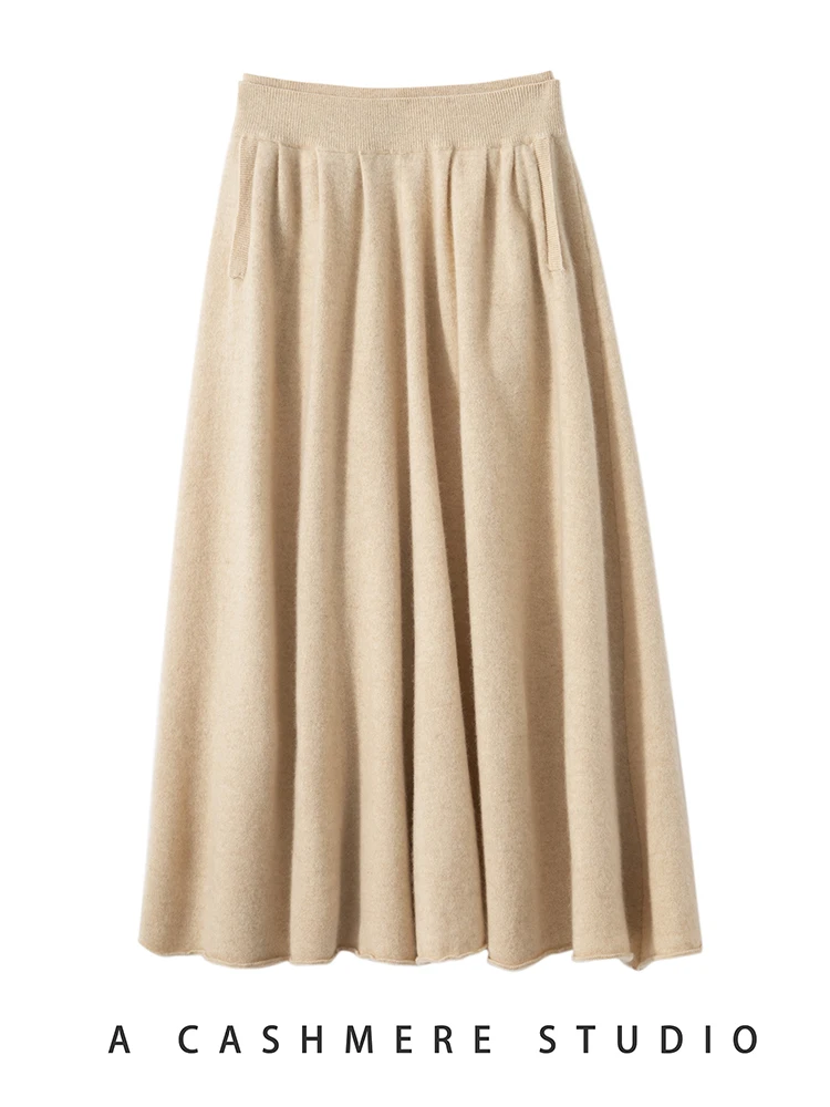 

TLOML New Women 100% Cashmere Knitwear Long Skirt Autumn Winter Soft Warm Grace Basic Cashmere Skirt Office Lady Chic Dress Tops