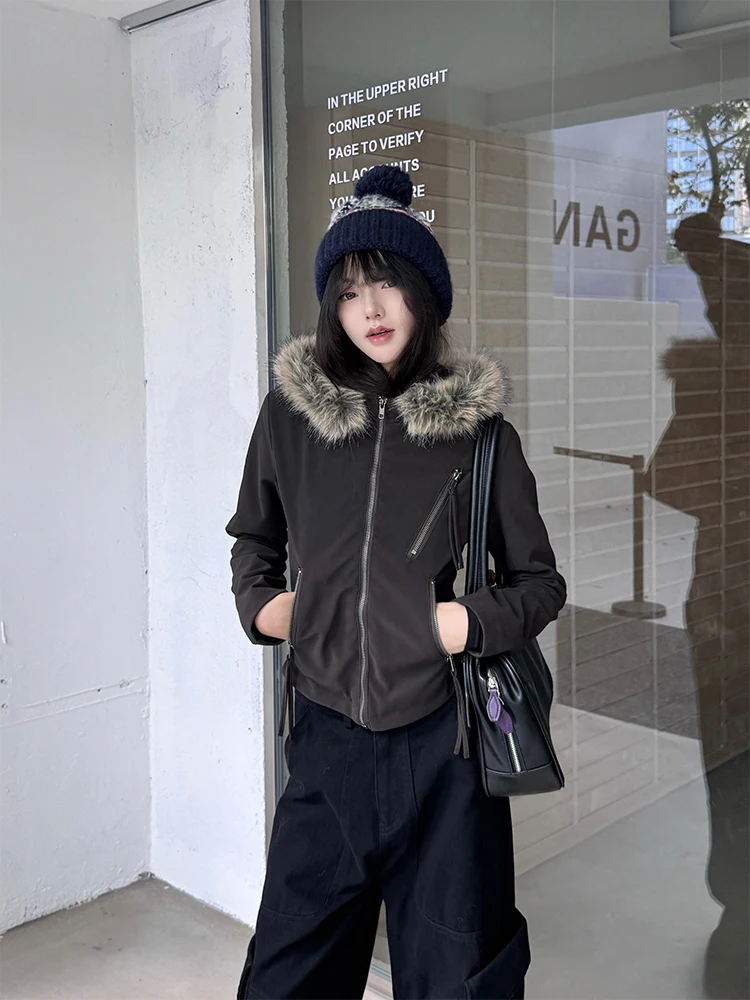 

Утепленная женская куртка URKR Slim Fit из хлопка с меховым воротником в американском ретро-стиле для невысоких женщин