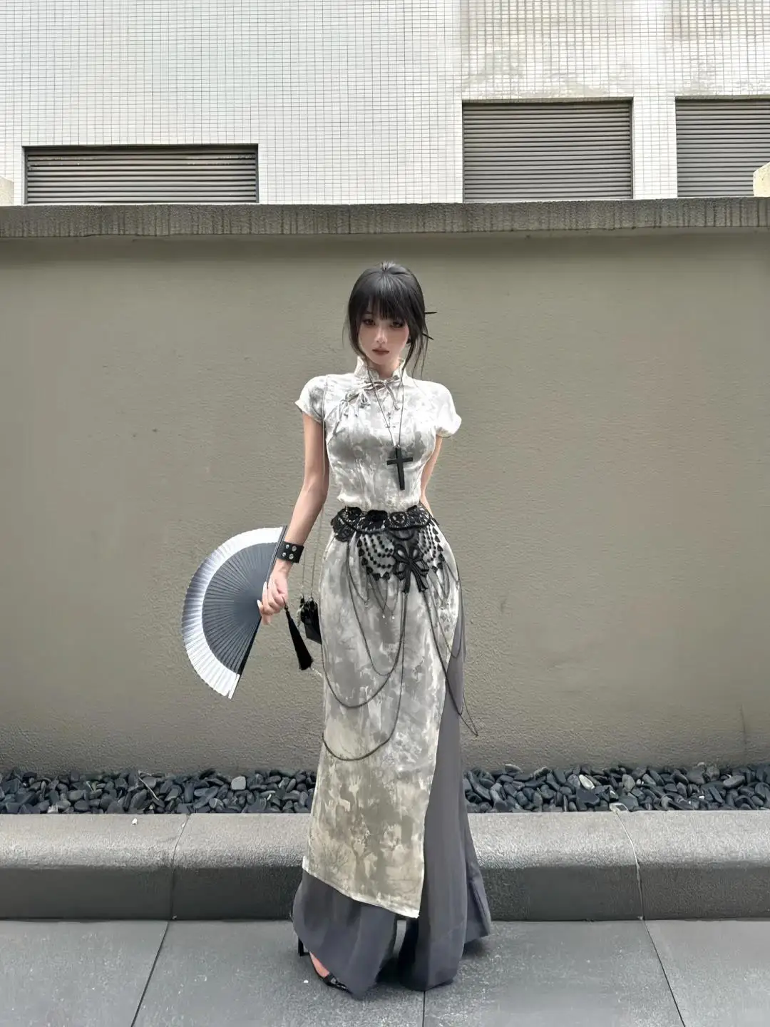 

New Chinese Style Casual Wide Leg Pants Three Piece Set Asymmetrical Mood Top with Waist Chain National Style