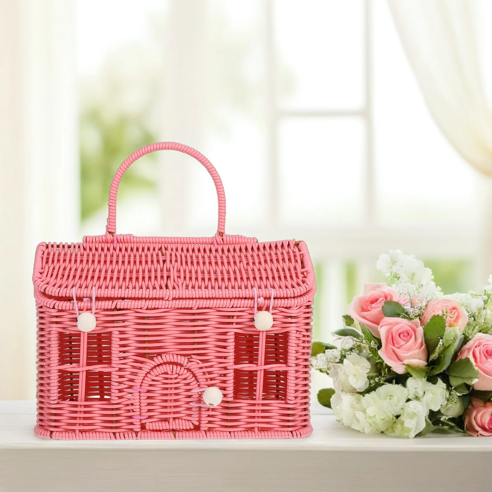 

1pc Vintage Woven Picnic With Handle Small Box Lid Decorative Basket Wedding Home Lightweight Portable Handheld Container