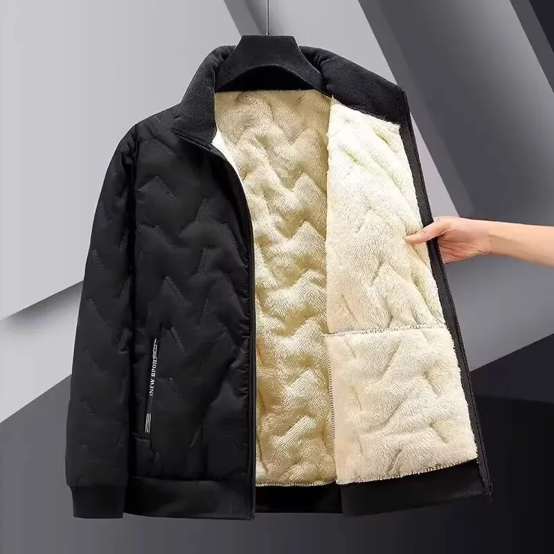 Men's down Cotton Jacket Autumn Winter Lamb Velvet Warm Stand Collar Fleece Outdoor Windproof Waterproof Coat Youth Casual Style