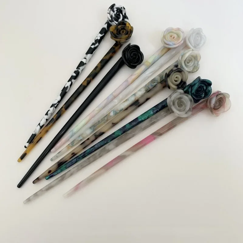 2024 Vintage Acetic Acid Rose Flower Hairpin Long Hair Stick for Women New Chinese Temperament Updo Pins Hair Clasp Headdress