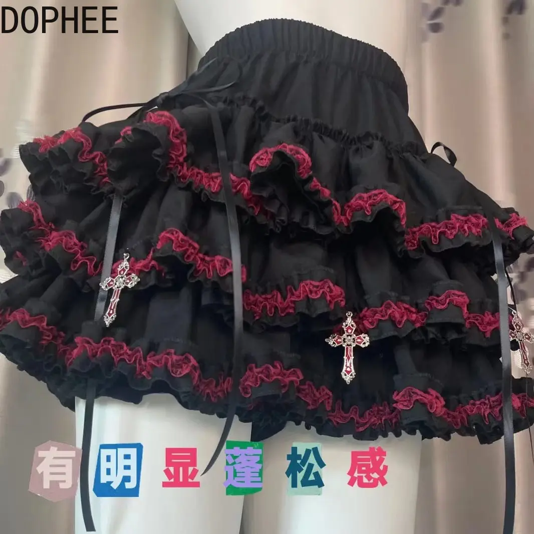 Original Subcultural Hot Girl Gothic Elegant Ruffles Short Puff Skirt All-match Elastic High Waist Y2k Cross Pendant Cake Skirts
