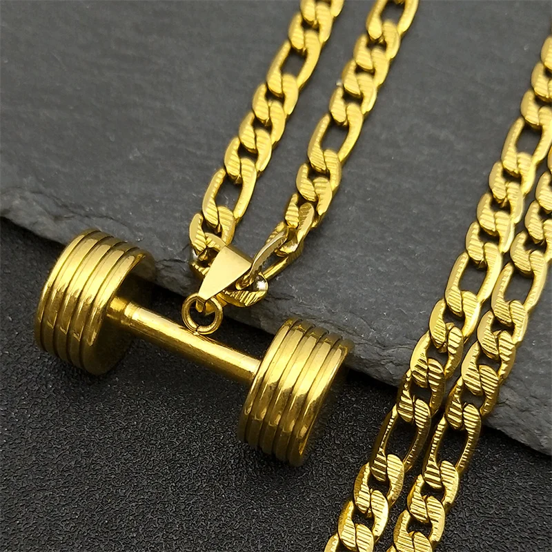 Gym Dumbbell Pendant Necklace for Women Men Stainless Steel Gold Silver Color Muscular Men Fitness Leisure Sports Chain Jewelry