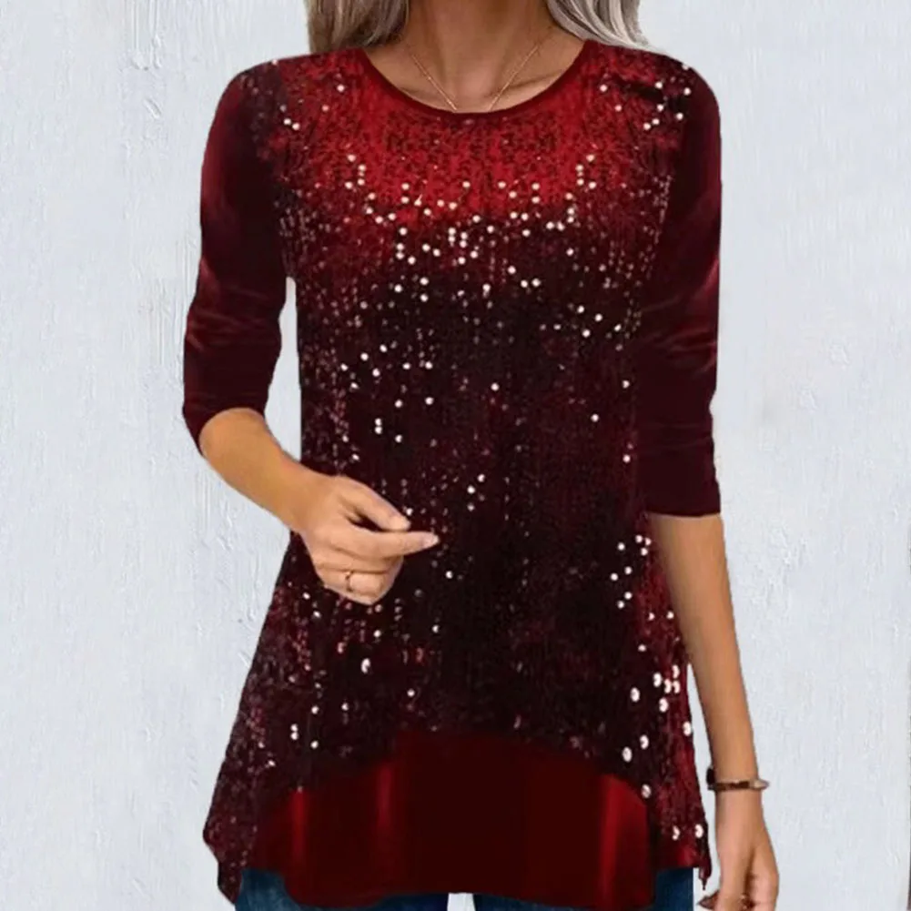 

Womens Shirts Womens Tops Party Tunic Polyester Regular Sequin Slight Strech Solid Color T-Shirt :Casual Blouse