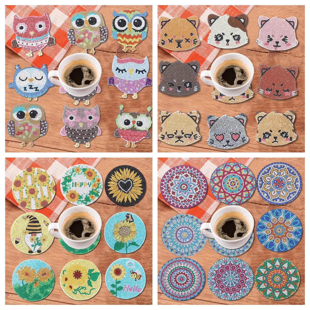 8 مجموعات من اللوحات الماسية التي تصنعها بنفسك: البومة/الدب/الأقزام/الماندالا/النمط، الوقايات الخشبية غير القابلة للانزلاق، غرفة المعيشة، المطبخ