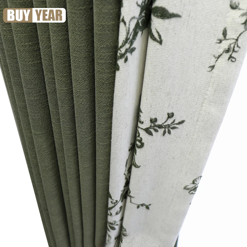 

Natural Linen Curtain American Retro Pastoral Green Splicing Plants Blackout Curtains for Living Dining Room Bedroom Custom