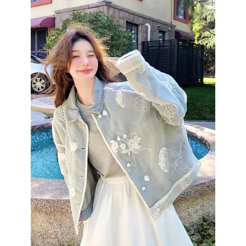 Blouse Jacket Denim Women's Spring/Autumn Lace Embroidery Patchwork Loose-fitting Cropped Niche Comfortable Niche Distinctive