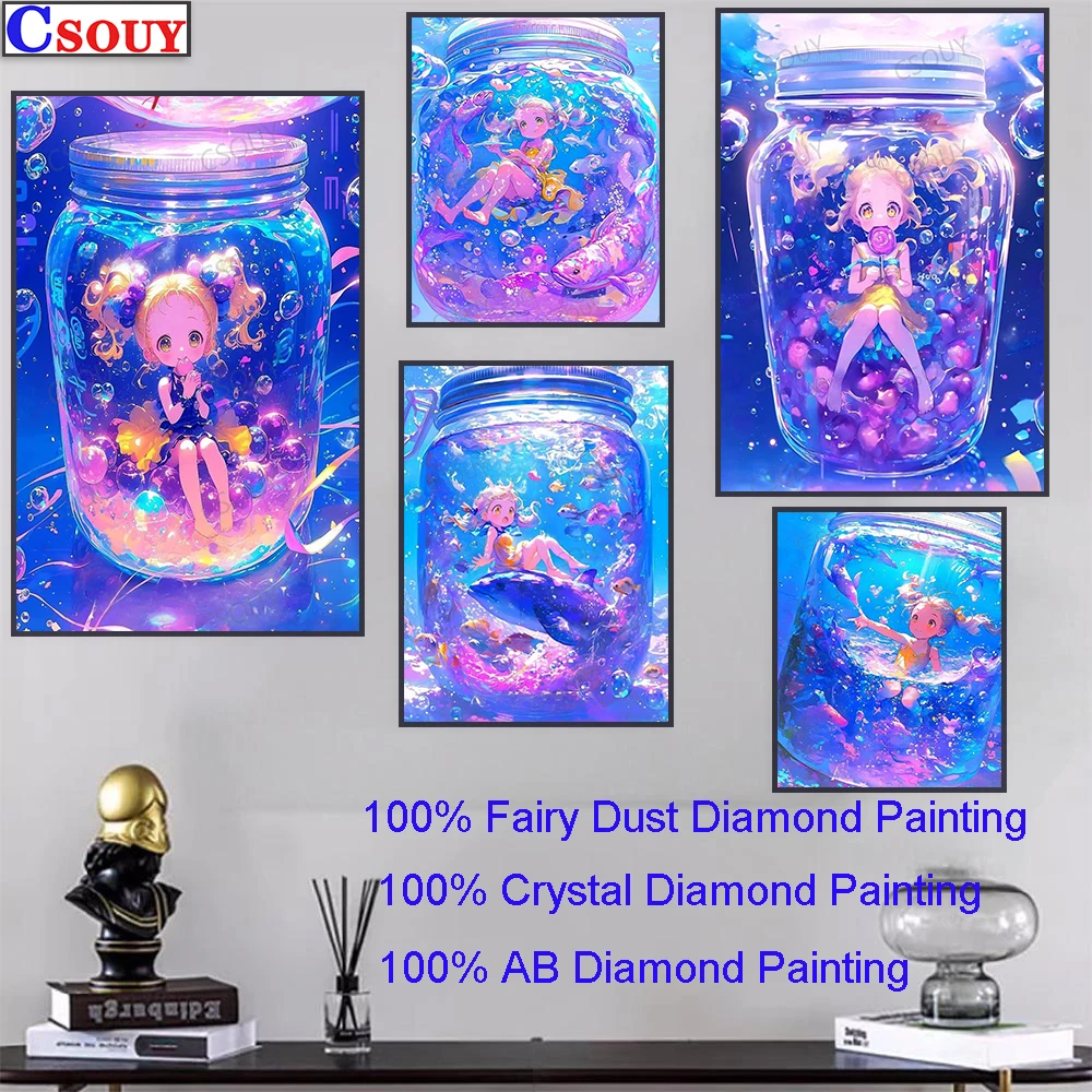 100% Fairy Dust Diamond Painting Ocean Angel Bottle Picture Square Diamond Embroidery Stitch AB Diamond Full Crystal Decor Art